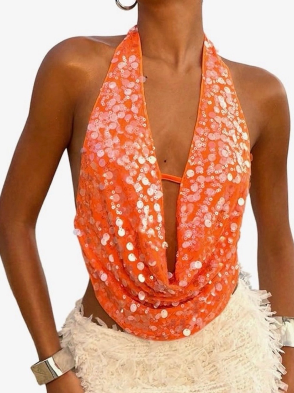 Orange Sequin Halter Top